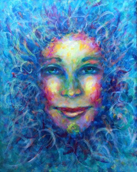 Goddess Series, Princess Sarah Colorful woman's face, acrylic on board by Shannon Grissom