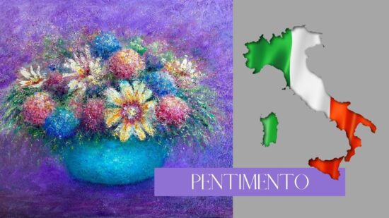 Pentimento graphic with painting of a floral bouquet