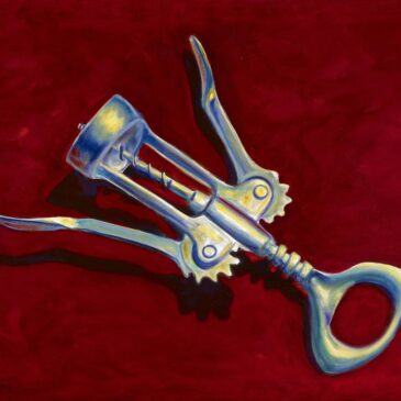 Painting of a corkscrew on a red background