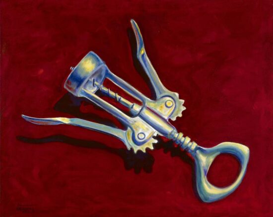 Painting of a corkscrew on a red background