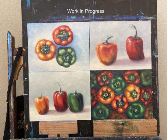 4 bell pepper paintings in progress on an easel
