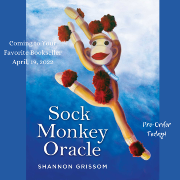 Book Cover Book Card Deck Cover Sock Monkey Oracle Cards bu Shannon Grissom Sock Monkey dancing in clouds with the Text Sock Monkey Oracle, Pre-Order Today