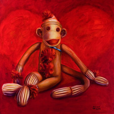 Seated Sock Monkey with red heart background