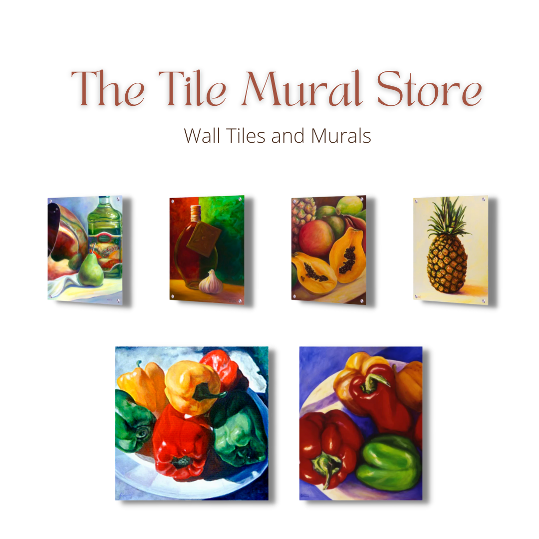 Colorful fruit and vegetable paintings on tiles