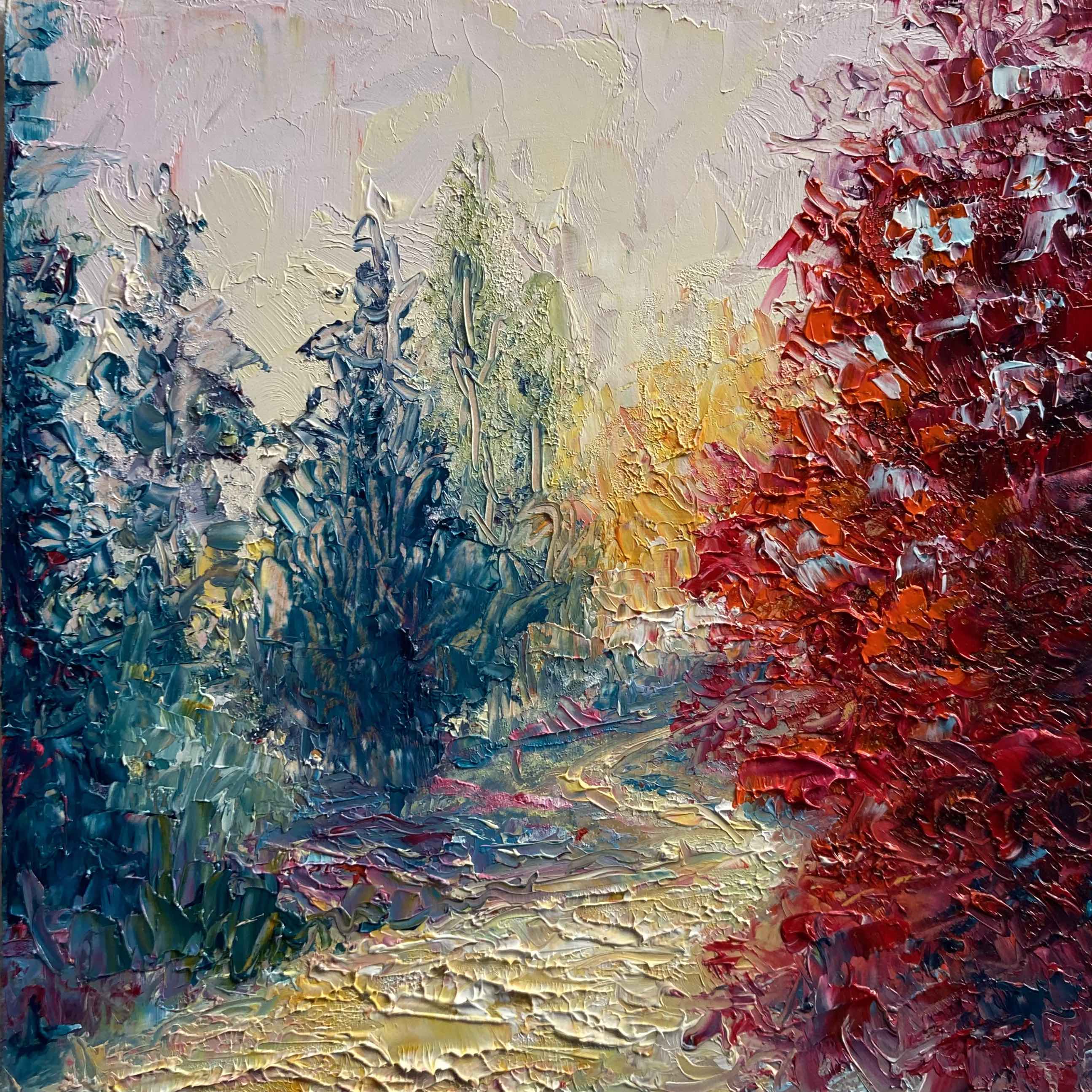 New Story Palette knife painting bright trees and a bright path byShannon Grissom