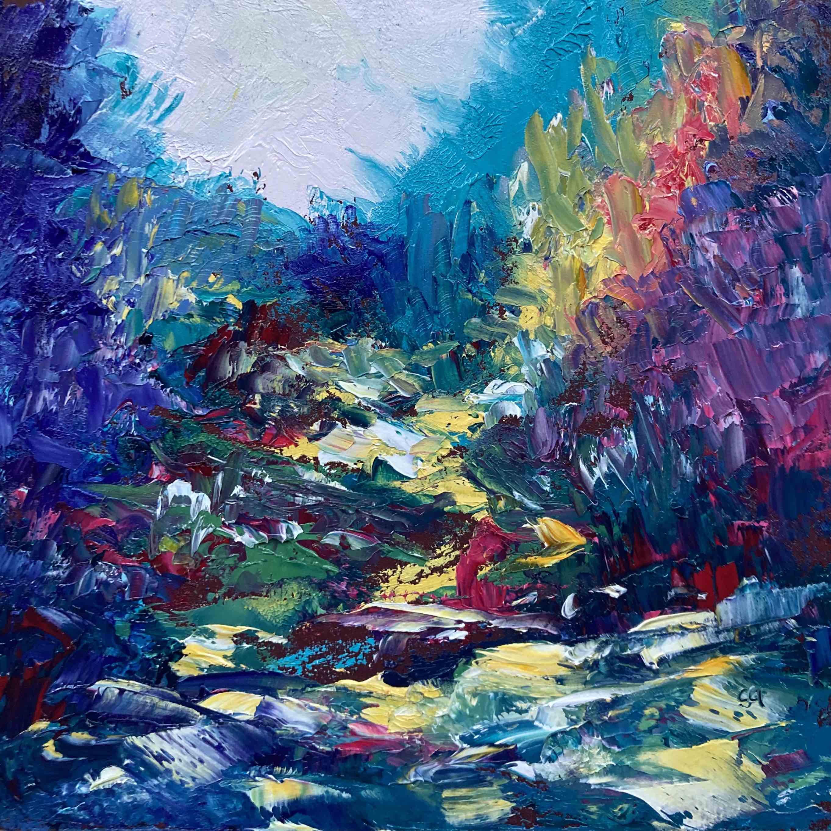 Impressionistic painting of a colorful path. 