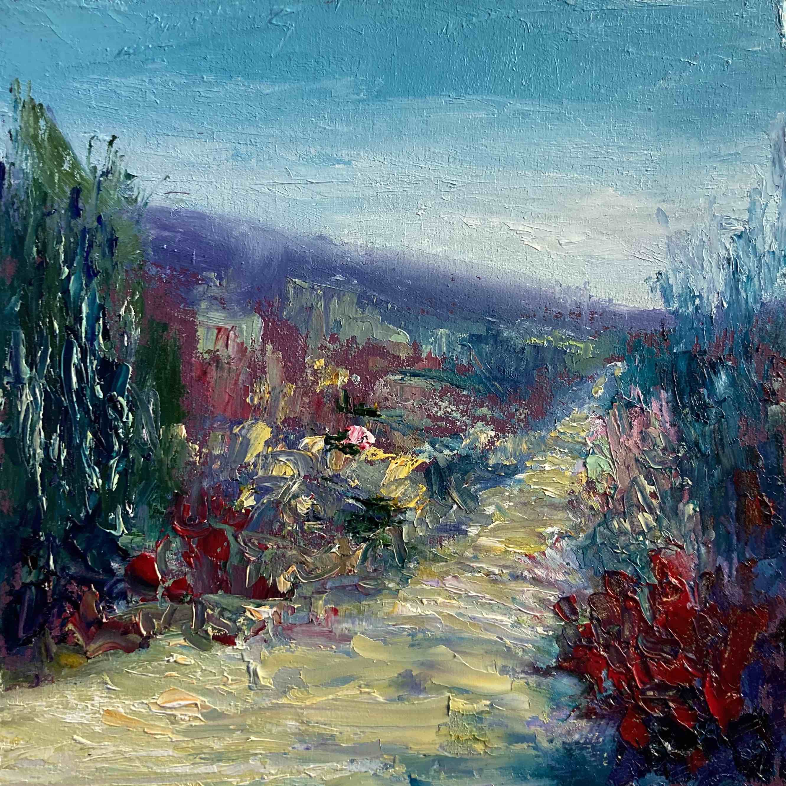 Palette knife, alla prima, impressionistic oil painting of a path with trees and distance mountains by Shannon Grissom