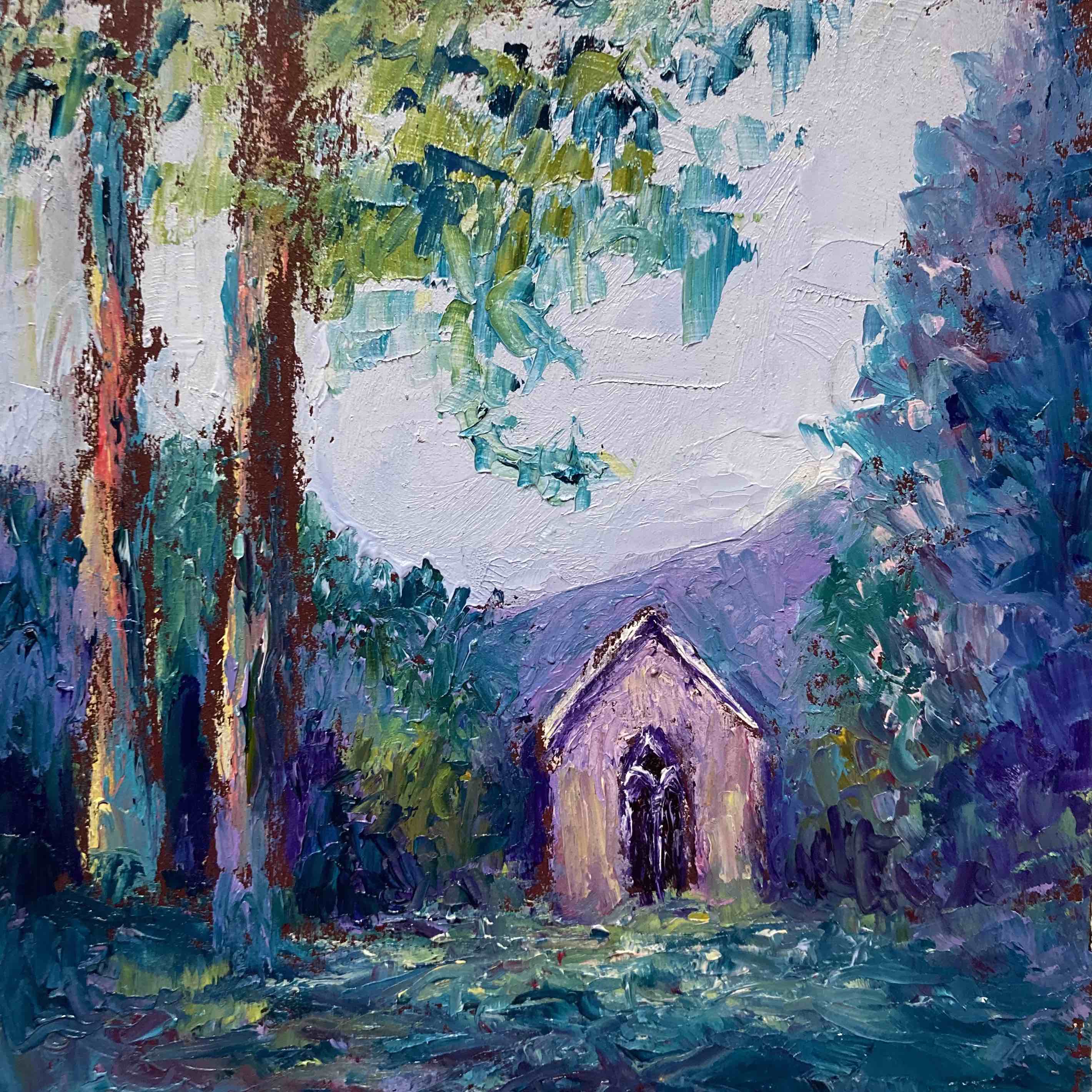 Alla prima, palette knife, impressionistic oil painting of a chapel with trees and distant mountains by artist Shannon Grissom