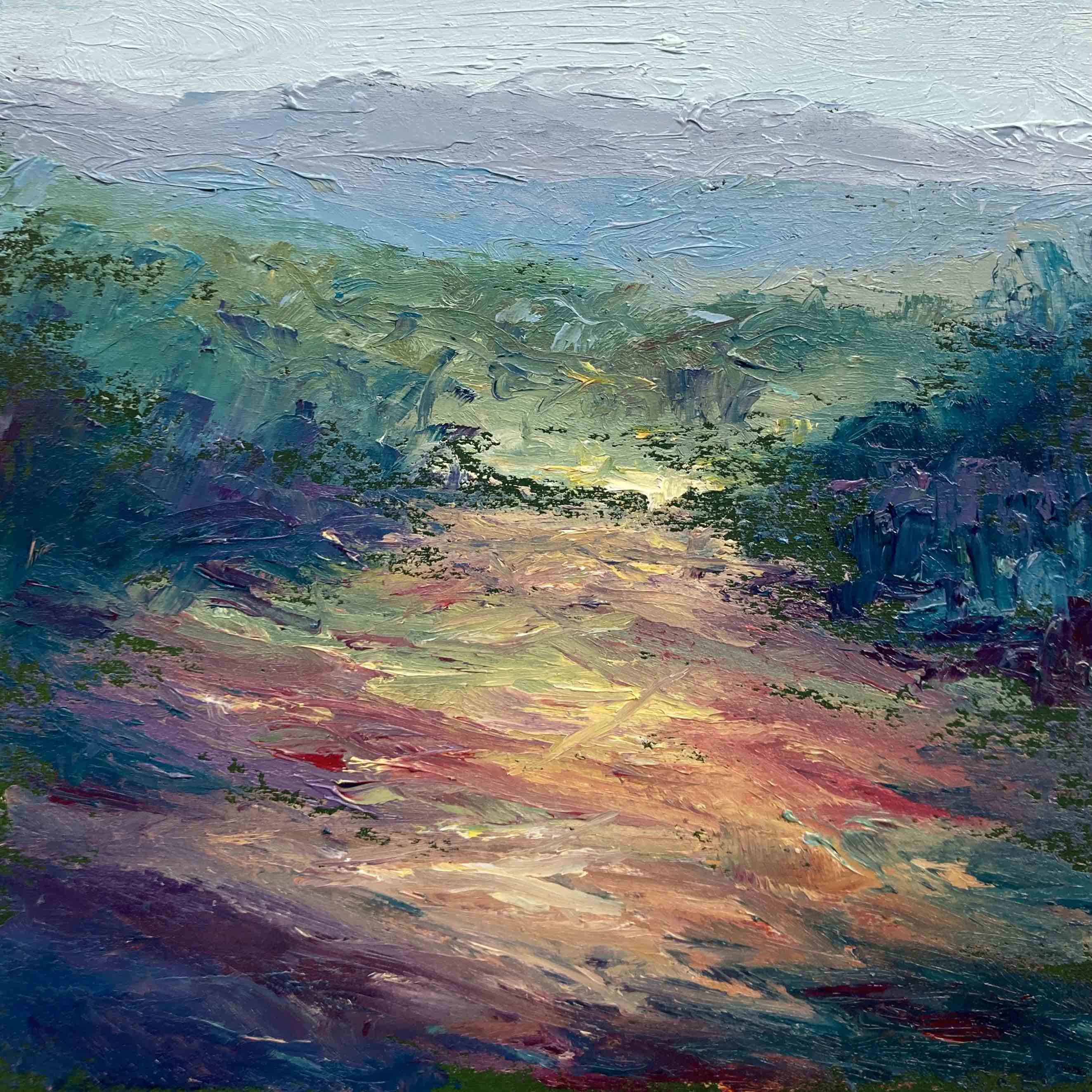 Impressionistic palette knife alla prima landscape painting of a path and distant mountains and trees.