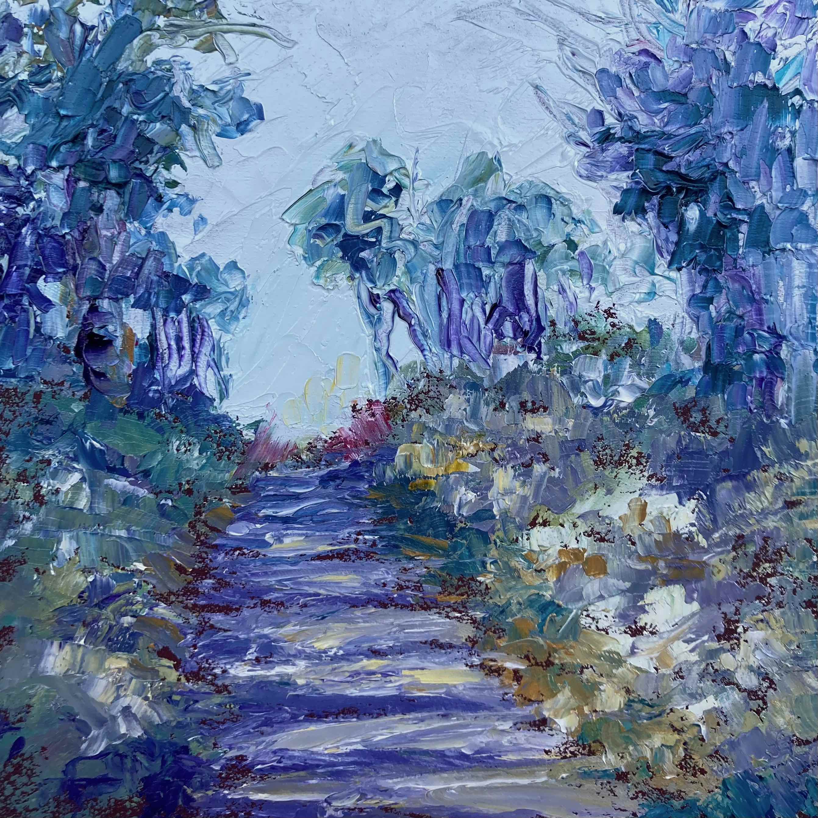 Alla Prima, Impressionistic, palette knife oil painting of Steps, Shrubs, trees and sky by Shannon Grissom