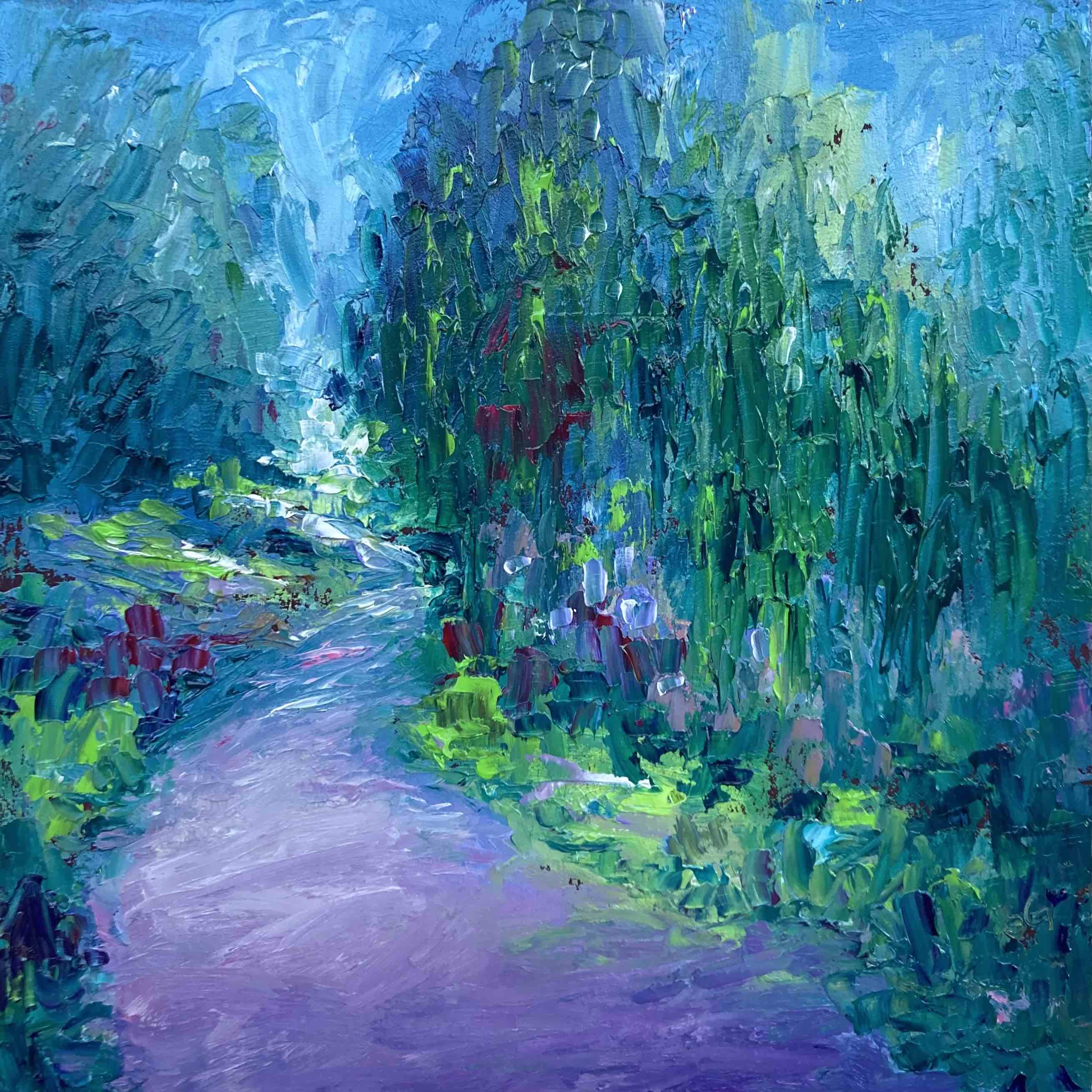 Impressionistic Alla Prima palette knife painting of Willow Trees  and a path by Artist Shannon Grissom