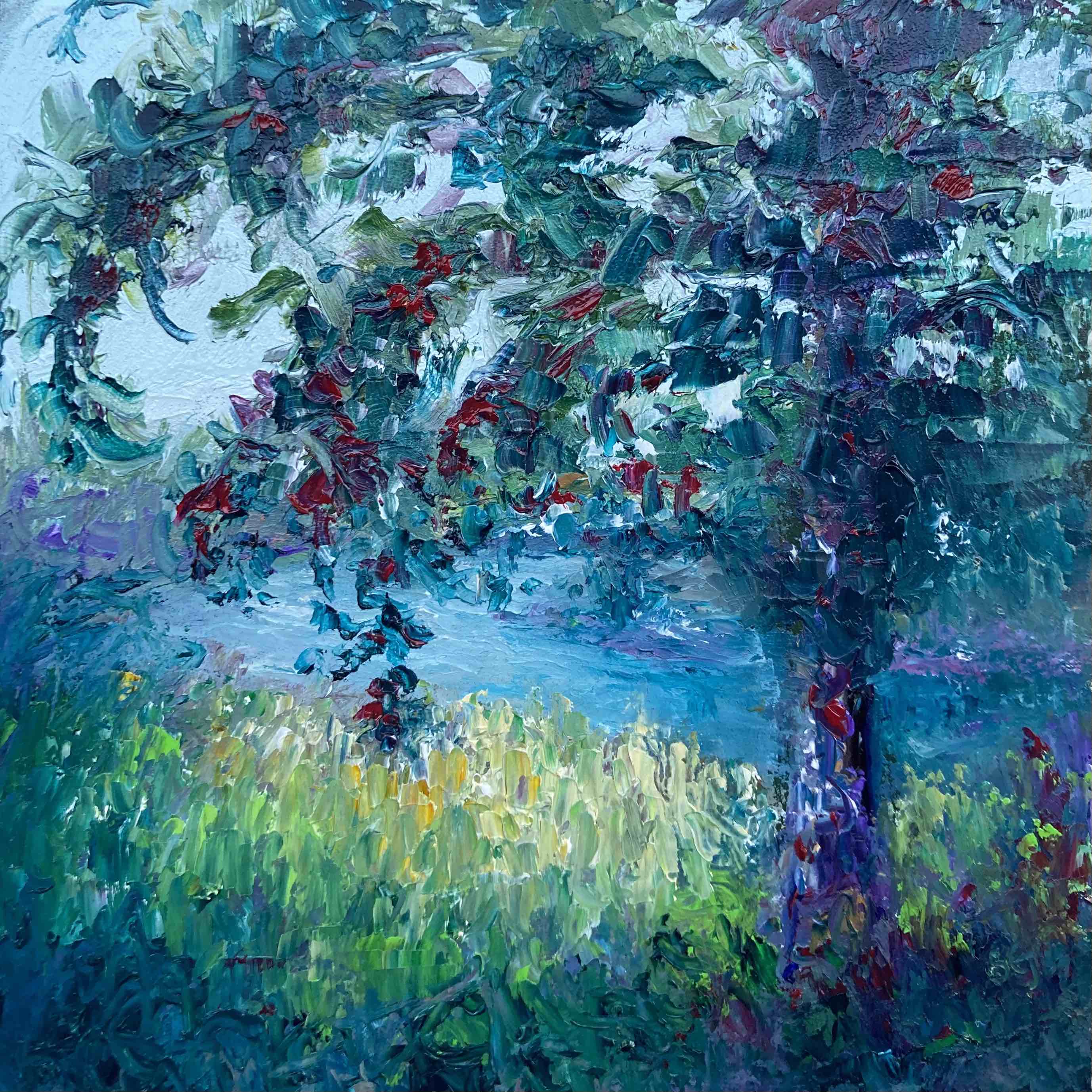 Impressionistic Alla Prima oil painting of a field of wildflowers, a pond, and a silhouetted tree by artist Shannon Grissom