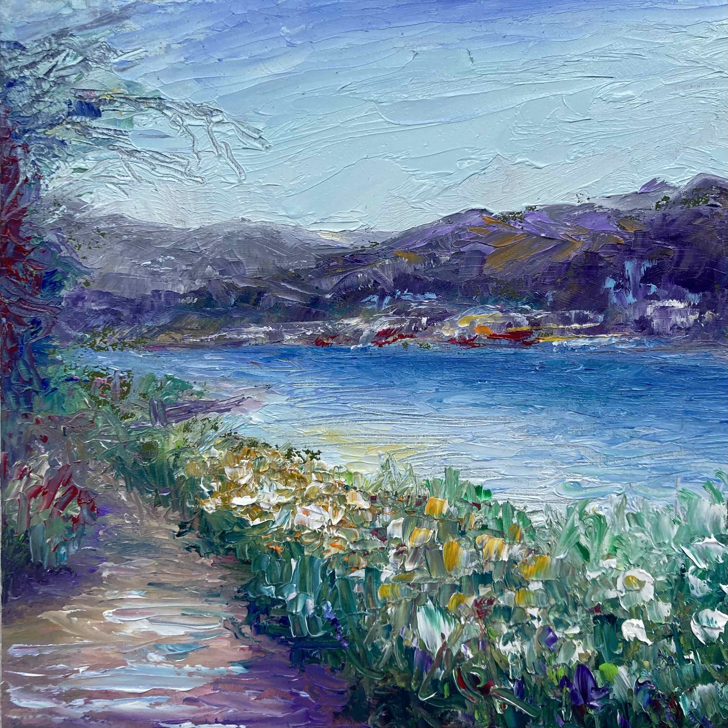 Pine Flat Spring Alla Prima Oil Painting of a lake and flowers and mountains by Shannon Grissom