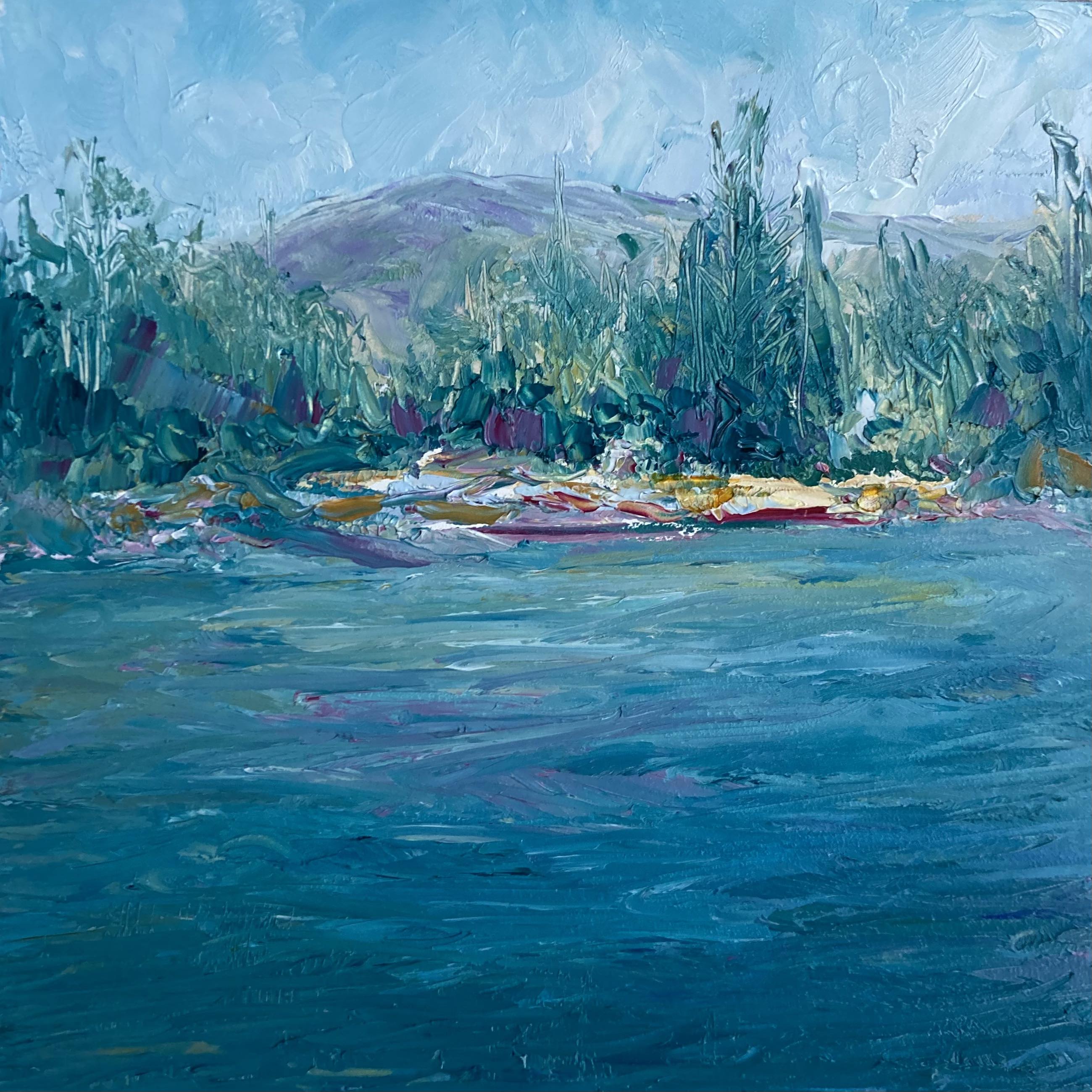 Alla Prima impressionistic oil painting of a lake and shore by Shannon Grissom