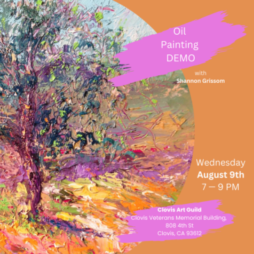 Colorful palette knife painting of a tree and invite to Clovis Art Guild painting demonstration