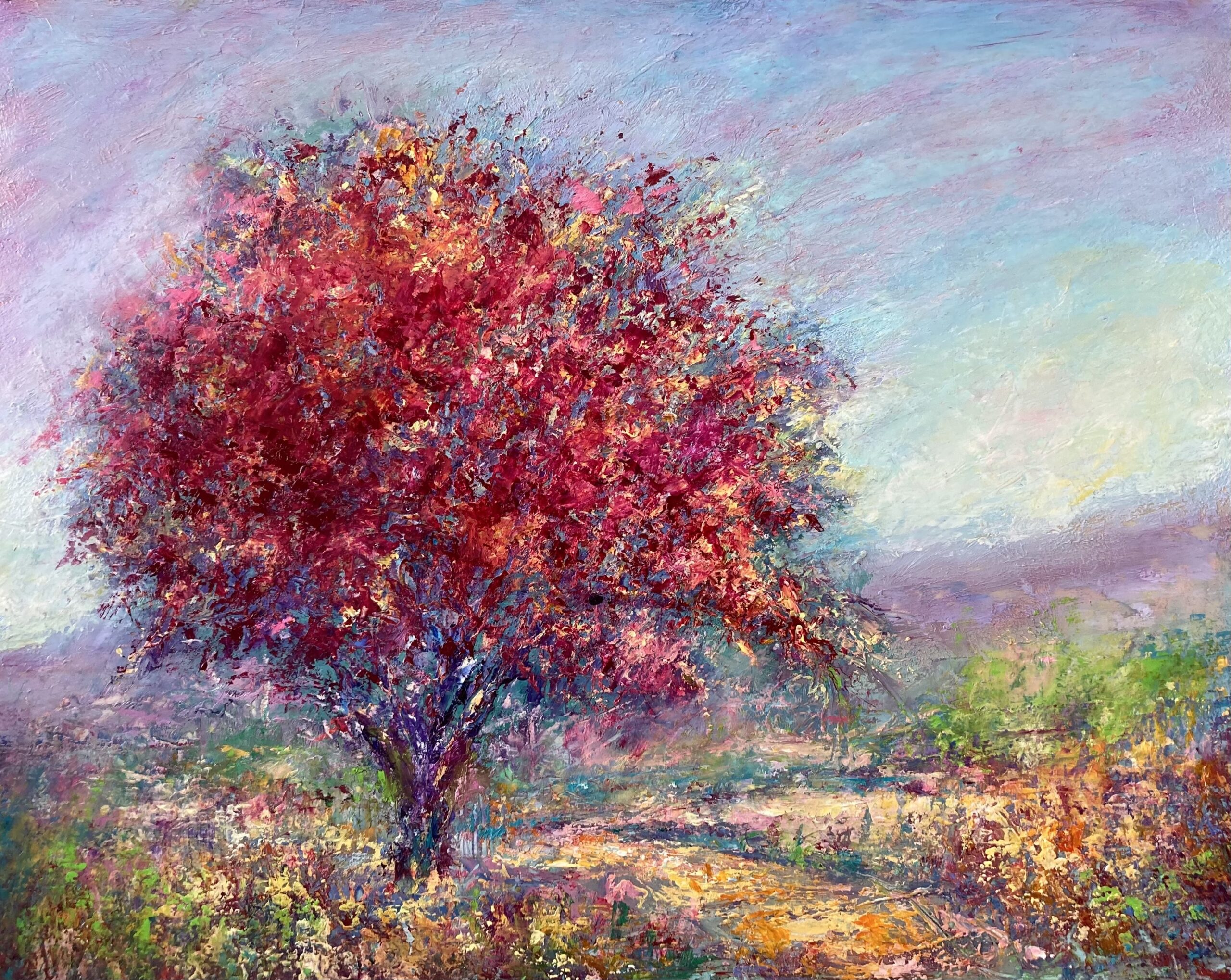 Colorful Impressionistic California Landscape oil painting by Shannon Grissom featuring red Oak Tree and path