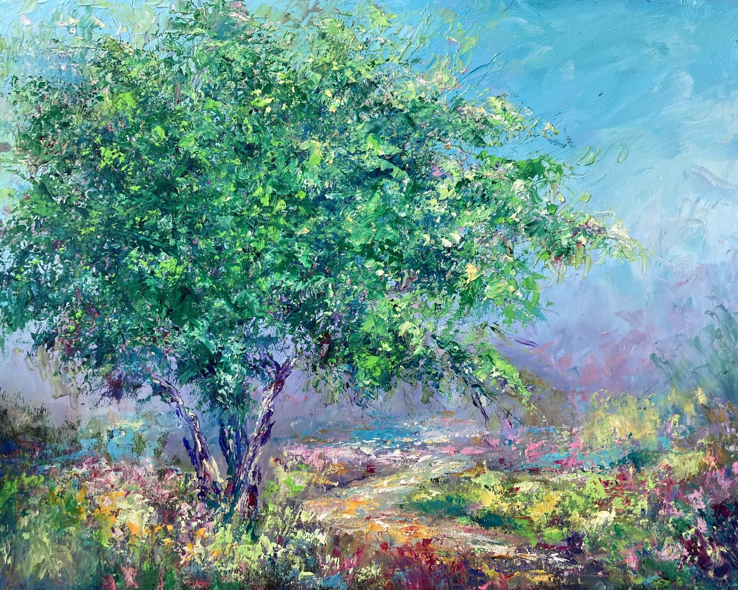 Colorful Impressionistic California Landscape oil painting by Shannon Grissom featuring Oak Tree and path