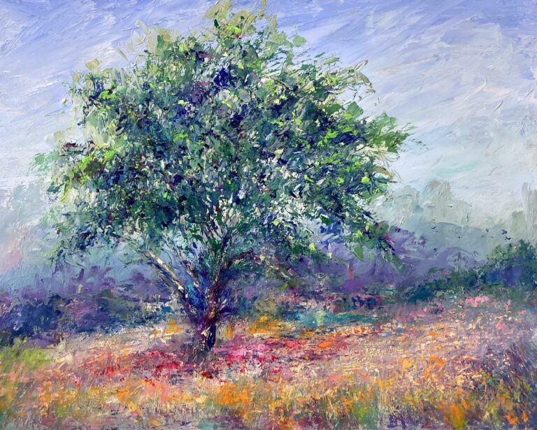 Colorful Impressionistic California Landscape oil painting by Shannon Grissom featuring Oak Tree and path